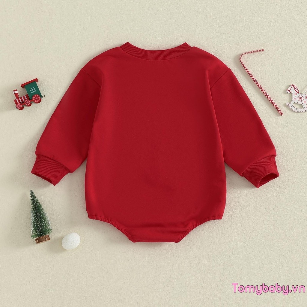 Bé Gái Giáng Sinh Áo Liền Quần Nơ Thêu Tay Dài Cổ Tròn Bong Bóng Jumpsuit