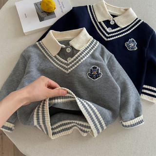 Áo len cổ polo trẻ em thêu áo hai mảnh giả