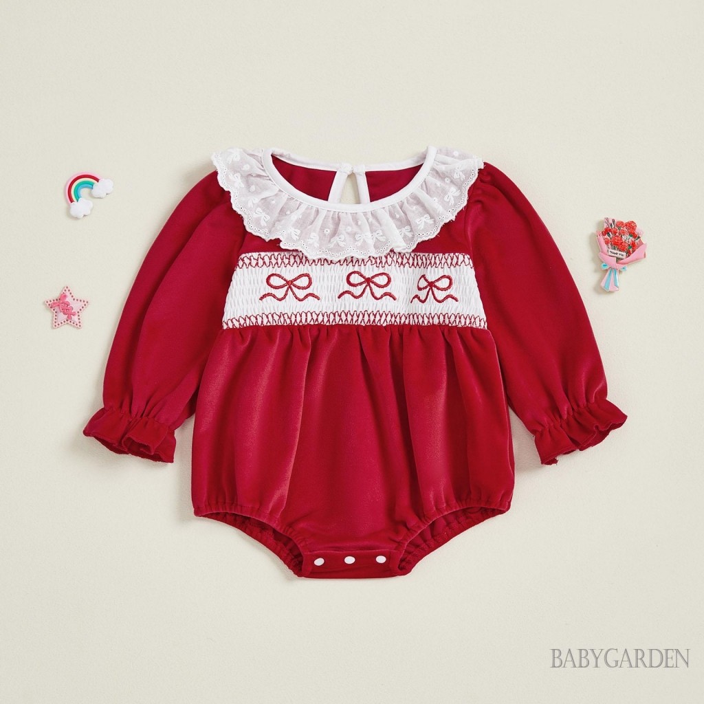Giáng Sinh Năm Mới Bé Gái Bong Bóng Áo Liền Quần Thời Trang Ruffle Nơ Thêu Tay Dài Smock Jumpsuit Cho Giáng Sinh Năm Mới