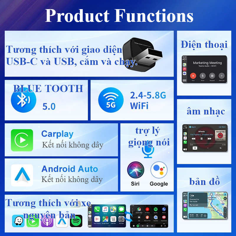 USB Hỗ Trợ Chuyển Đổi Kết Nối Apple Carplay,  Tương thích đa dạng xe,  Android Auto Không Dây Cho Ô Tô Xe Hơi
