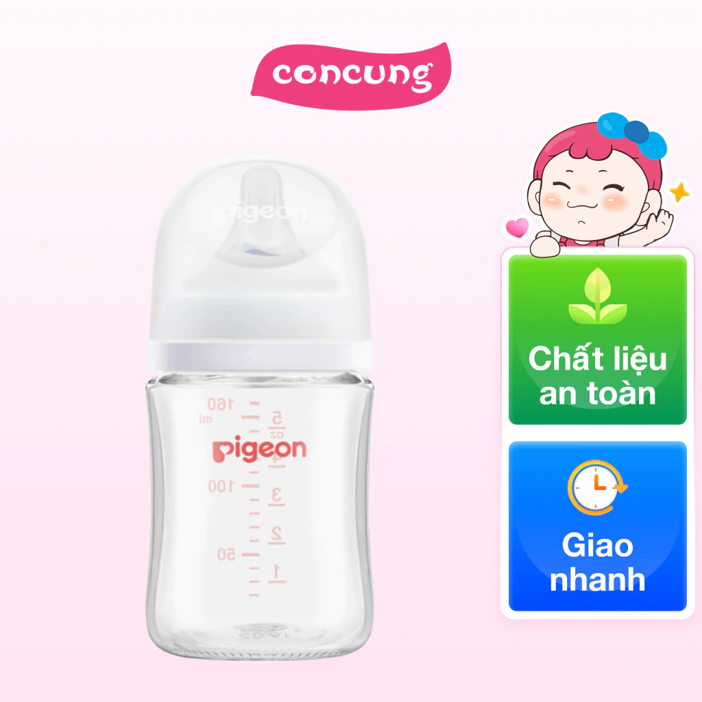 Bình sữa Pigeon thủy tinh chống đầy hơi cổ rộng 160ml, núm ti siêu mềm chống sặc cho bé từ 3-6 tháng