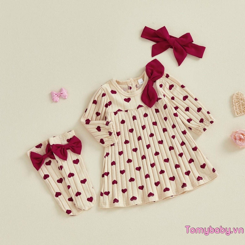 Váy Valentine cho bé gái Váy dài tay in hình trái tim dễ thương kèm vớ và băng đô