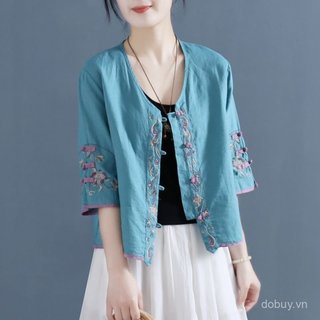Nữ áo sơ mi lanh cotton vintage cổ chữ V, thêu tỉ mỉ, phong cách Trung Hoa, phù hợp mùa hè
