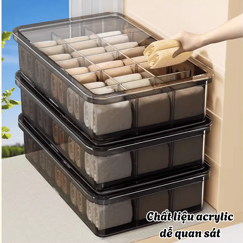 Hộp Đựng Đồ Lót, Tất Vớ Trong Suốt Chia Ngăn DINO, Khay Đựng Đồ Lót Gọn Gàng Có Nắp Đậy Chống Bụi