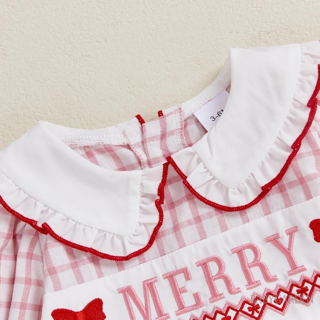 Bé Gái Giáng Sinh Body Dài Tay Cổ Búp Bê Ông Già Noel Thêu Bong Bóng Romper