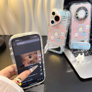 Vỏ Gương Hoạt Hình Dễ Thương + Dây Xích + Giá Đỡ Cho IPhone 16 11 15 14 13 12 Pro Max X Xr Xs Max 7 8 Plus Vỏ Điện Thoại Bảo Vệ Ống Kính Chống Sốc Mềm Vỏ Đen