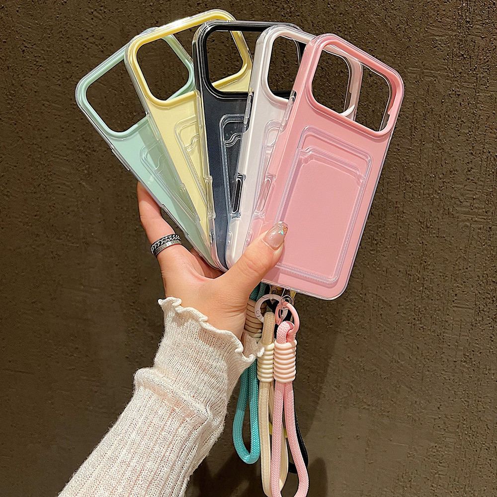 Kẹo Màu Khe Cắm Thẻ Túi Đựng Ốp Lưng Điện Thoại iPhone 17 16 15 14 13 12 11Pro Max 17 Không Khí Cổ Tay Dây Có Dây Buộc
