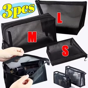 1 / 3 Túi đựng đồ vệ sinh di động du lịch ngoài trời - Túi đựng mỹ phẩm có dây kéo lưới đen - Túi trang điểm cầm tay trong suốt