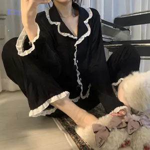 2025 Bộ Đồ Ngủ Nữ Ren Hàn Quốc Xuân Hè Dài Tay Rời Dễ Thương Dài Tay Nữ Homewear Phù Hợp Với