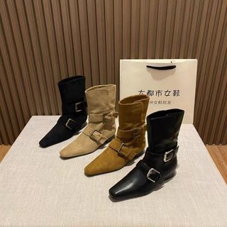 Giày Bốt Ngắn Nữ Mũi Vuông Dày Gót Slip-On Khóa Hai Tay Khóa Thắt Lưng 35-42