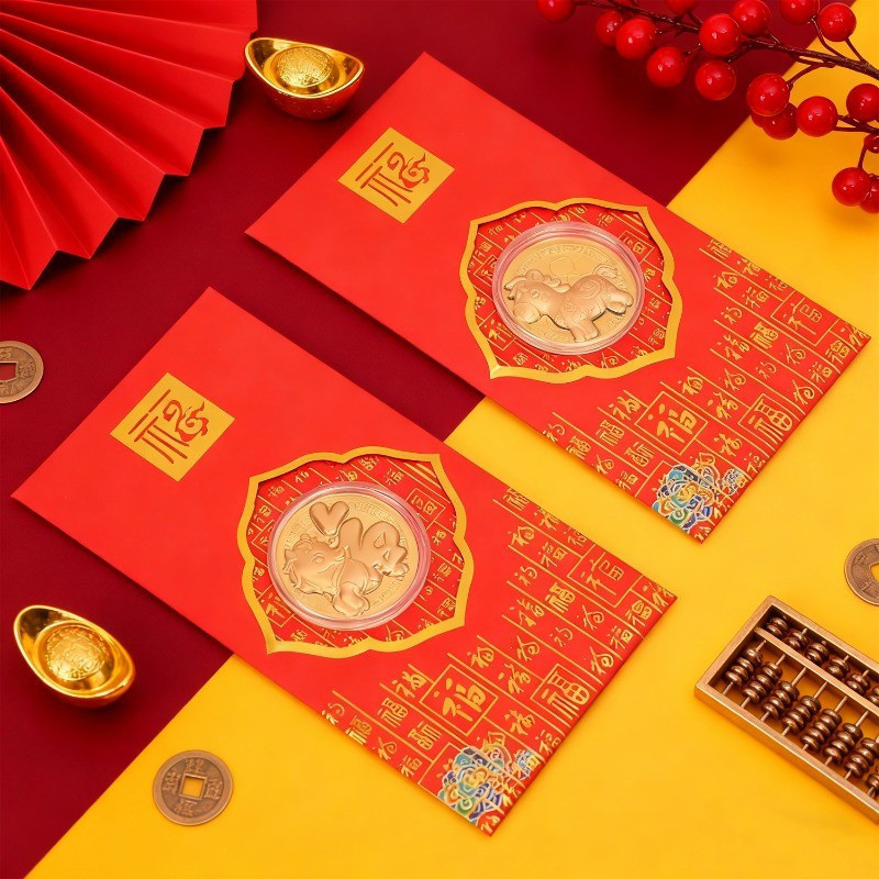 [Bán buôn] Giấy cao cấp và gói kim loại màu đỏ, Thiết kế năm con ngựa 2026 với lá vàng giả, biểu tượng tốt lành tượng trưng cho sự giàu có và thành công, bao gồm tiền xu kỷ niệm