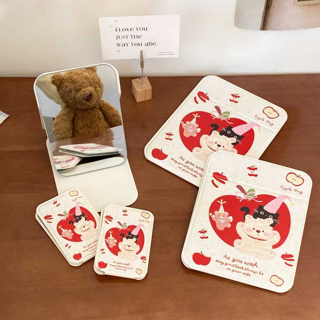 Dễ Thương Apple Gấu Gấp Gương Trang Điểm Gương Để Bàn Đứng Lên Gương Trang Điểm Bé Gái Đi Chơi Di Động Trang Điểm Gương Nhỏ CSDD