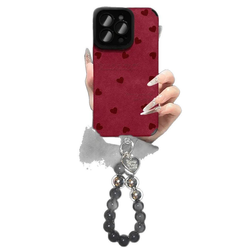 Rượu Vang Đỏ Trái Tim Tình Yêu Da Thích Hợp Cho 17 Vỏ Điện Thoại iPhone16promax Nữ Mùa Thu Đông Vòng Tay Bao Gồm Tất Cả