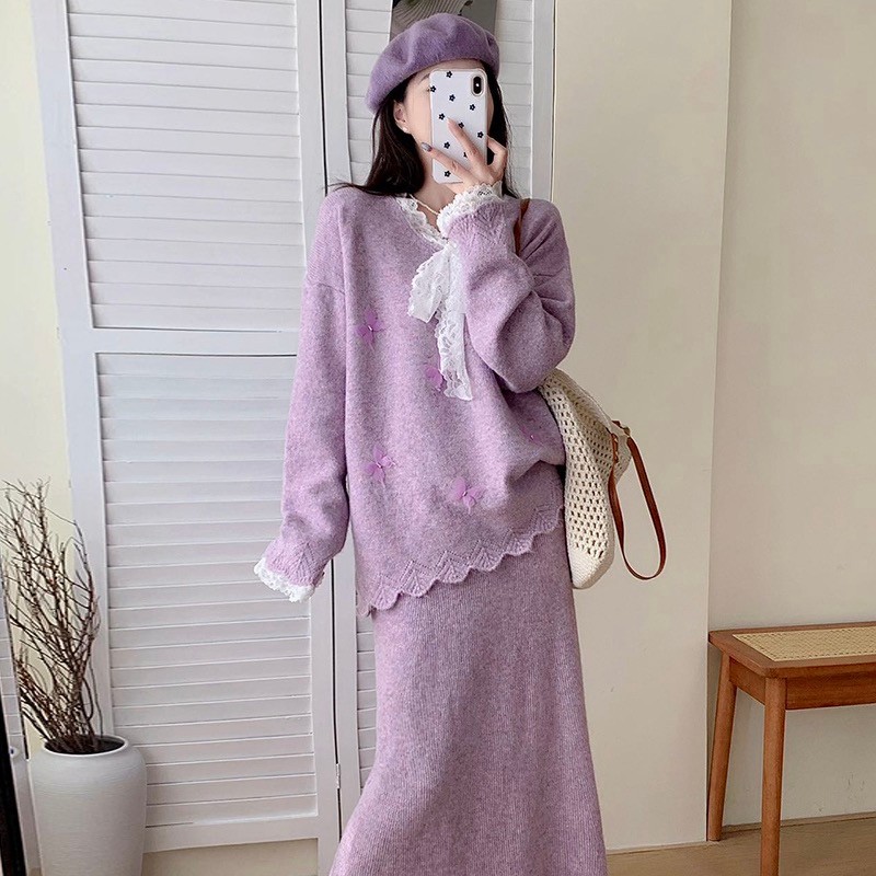 Bộ đồ bà bầu hai mảnh thiết kế thu đông, áo len và váy điều chỉnh được với bướm buộc dây
