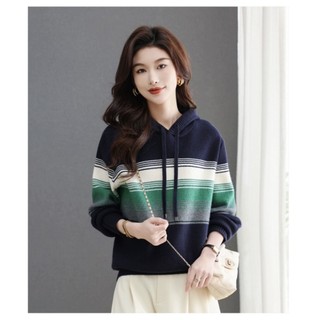 Áo len sọc có mũ trùm đầu nữ, tay dài mỏng, phù hợp thu đông