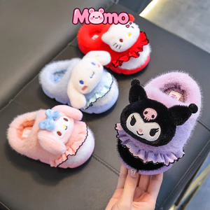 Sanrio Thu Đông Trẻ Em Dép Cotton Bé Gái Lông Cừu Ấm Áp Kuromi Cha Mẹ-Con Nhà Giày Cotton Dày