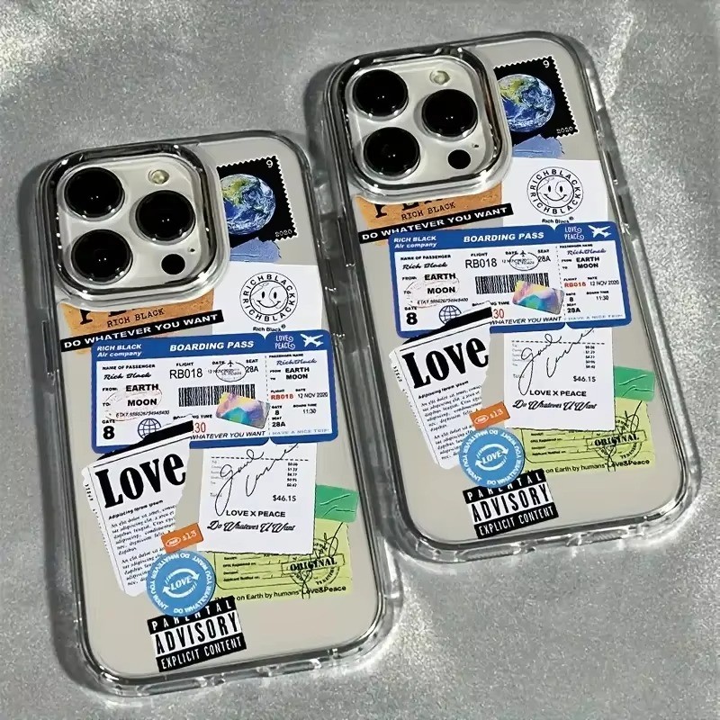 Nhãn vé máy bay Khung ống kính mạ điện Vỏ điện thoại trong suốt cho iPhone 17 Pro Max XS X XR 16 15 14 13 12 11 7 8 Plus 17 Vỏ chống sốc không khí