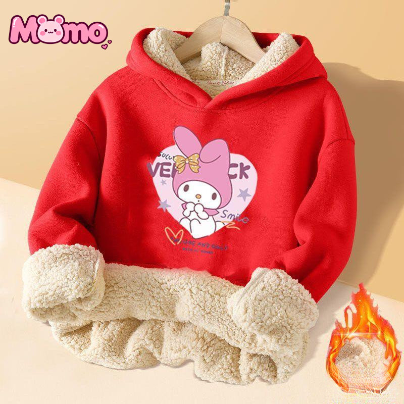 Áo Hoodie cổ tròn bằng len cừu in họa tiết Sanrio Kuromi cho bé gái, áo nỉ cách nhiệt mùa đông