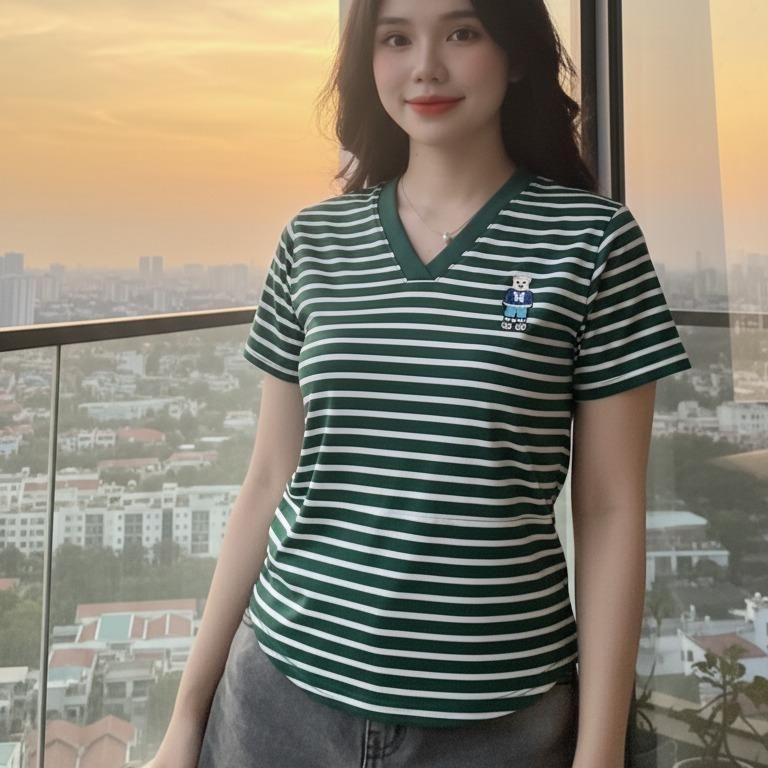 Áo Thun Nữ Cổ Tim Bigsize ESHOP Áo Tay Ngắn Kẻ Sọc Đẹp Chất Thun Cotton Mềm Mịn Dễ Thương  MS496