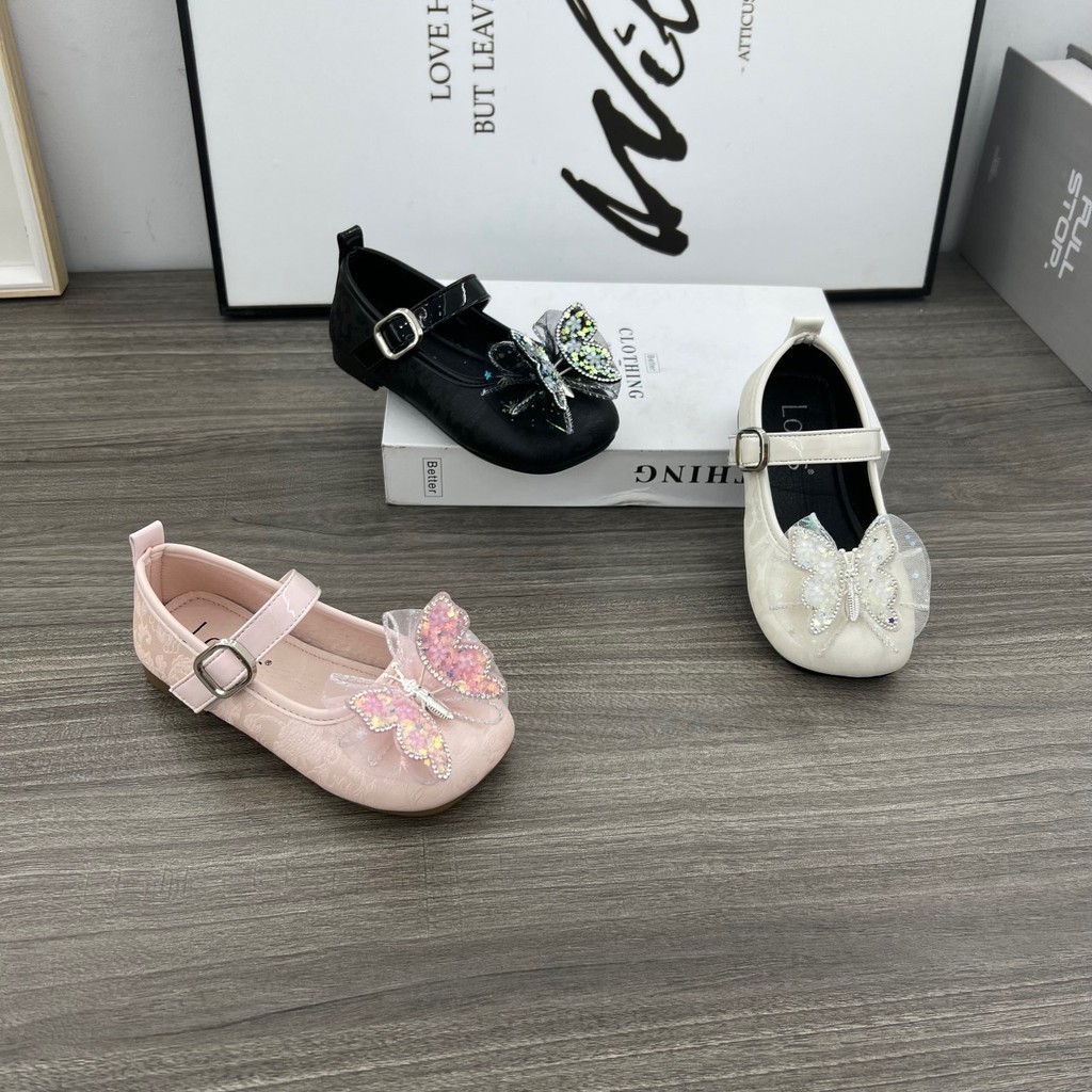 giày búp bê đế bằng cho bé gái chống trượt da PU siêu mềm chống trượt có quai dán nơ bướm xinh xắn cho bé 1 tuổi 9640