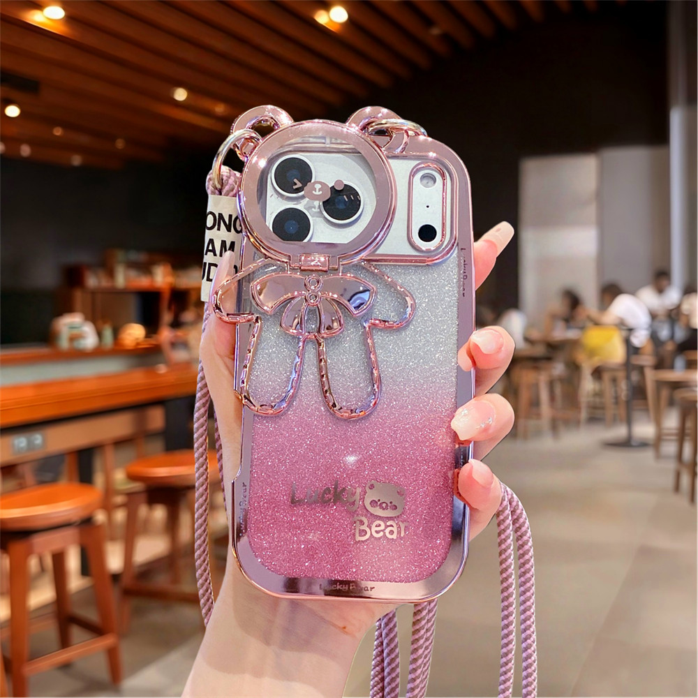 Ốp điện thoại giá đỡ ống kính gấu đeo chéo cho iPhone 17 Pro Max 11 12 13 14 15 16 pro max Air 15 16 plus XS max Phim bảo vệ gương chống rơi TPU vỏ mềm bảo vệ điện thoại