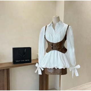 Set Bộ 3 Món Áo Sơ Mi Mix Áo Ghile Kèm Chân Váy Da, Set Áo Tay Dài Buộc Nơ Phối Yếm Da Thuyvantran [Sẵn]