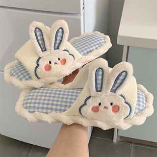 XIXITIAO Dép bông vải lanh nữ, bốn mùa, hình thỏ dễ thương, sinh viên, dùng trong nhà, giữ im lặng