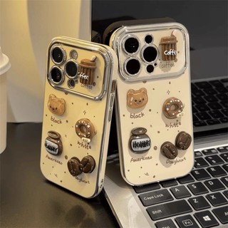 Vỏ Gấu Coffe 3D Hoạt Hình Dễ Thương + Dây Xích Cho IPhone 16 11 15 14 13 12 Pro Max X Xr Xs Max 6 6s 7 8 Plus SE 2020 Vỏ Điện Thoại Bảo Vệ Ống Kính Chống Sốc Mềm + Giá Đỡ Vỏ Đen