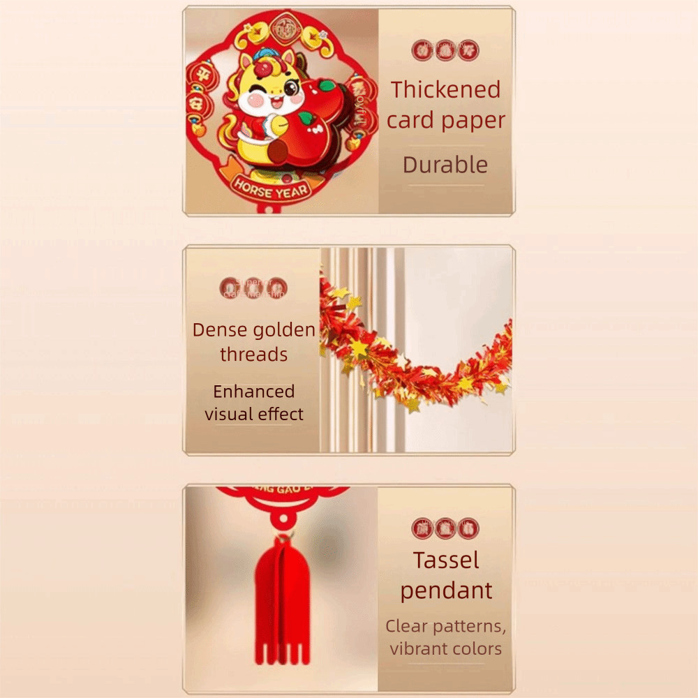 Nhãn dán năm THFENG, Vòng hoa ruy băng năm chống tĩnh điện năm 2026, Nhãn dán kính lễ hội mùa xuân đỏ đa năng Đồ dùng năm lễ hội
