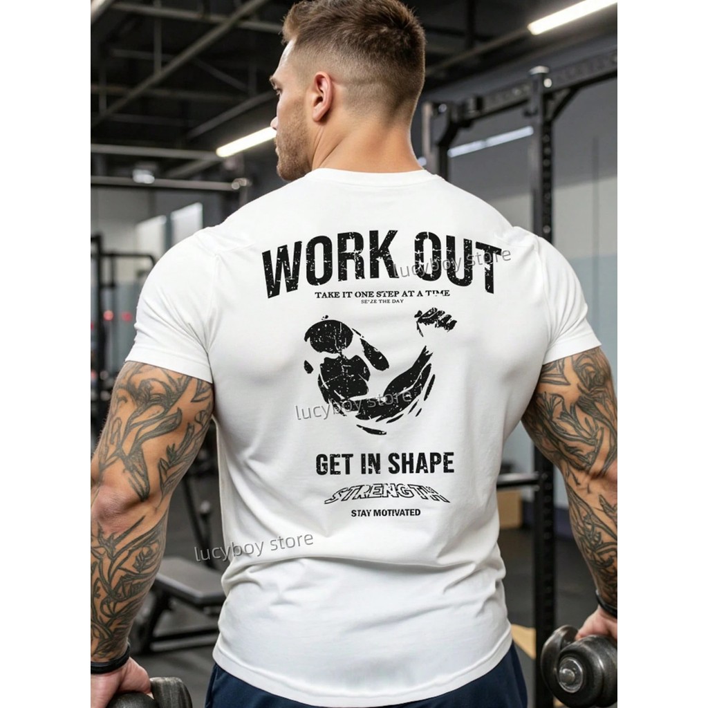 Áo Thun Thể Thao Nam Tee Tay Ngắn Cổ Tròn In Hình Tập Gym