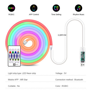 WS2812 RGBIC RGB LED Neon Dải đèn, 5V USB Chống Thấm Nước Bluetooth Diode Neon Băng Ruy Băng Có Điều Khiển Từ Xa Để Trang Trí Trần Phòng