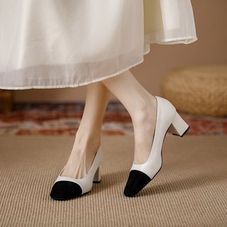 Giày Cao Gót Nữ Mũi Vuông Dày Gót Slip-On Nông Miệng 34-41