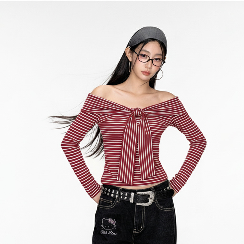 Áo Nữ Kẻ Sọc Tay Dài Trễ Vai  Kiểu Xoắn Thắt Nơ Ngực A51510