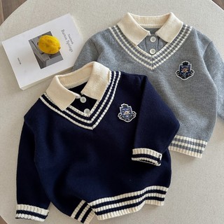 Áo len cổ polo trẻ em thêu áo hai mảnh giả