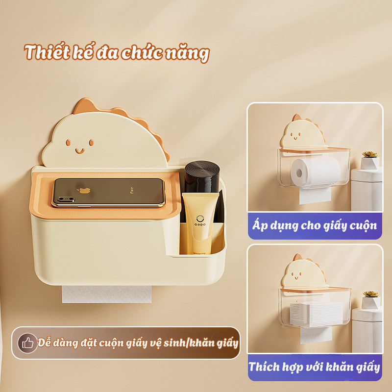 Hộp đựng giấy vệ sinh dán tường kèm kệ để đồ hình khủng long dễ thương tiện dụng cho nhà tắm DinoHome