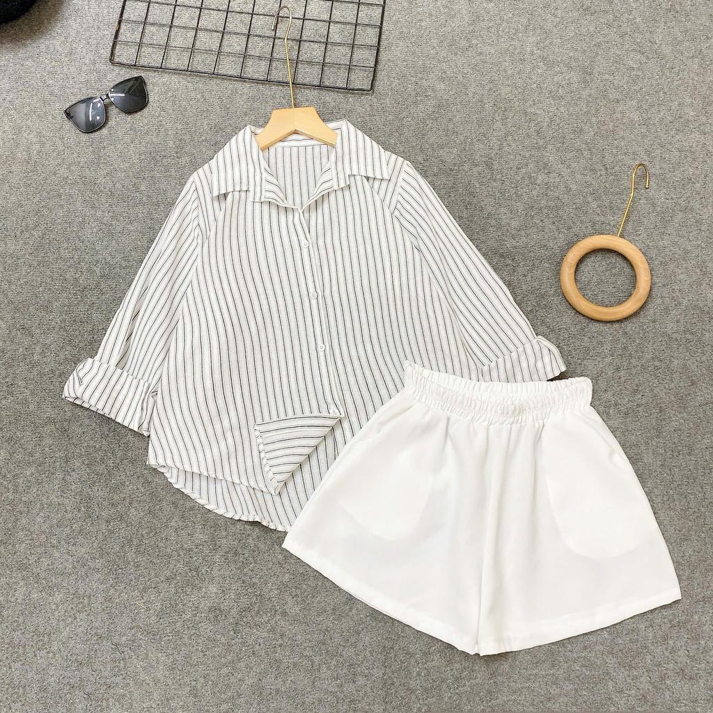 Set Đồ Kiểu Bigsize CÔ NHỎ Áo Sơ Mi Sọc Form Rộng Phối Quần Đùi Lưng Chun Co Giãn Thoải Mái Trẻ Trung- A328+Q500