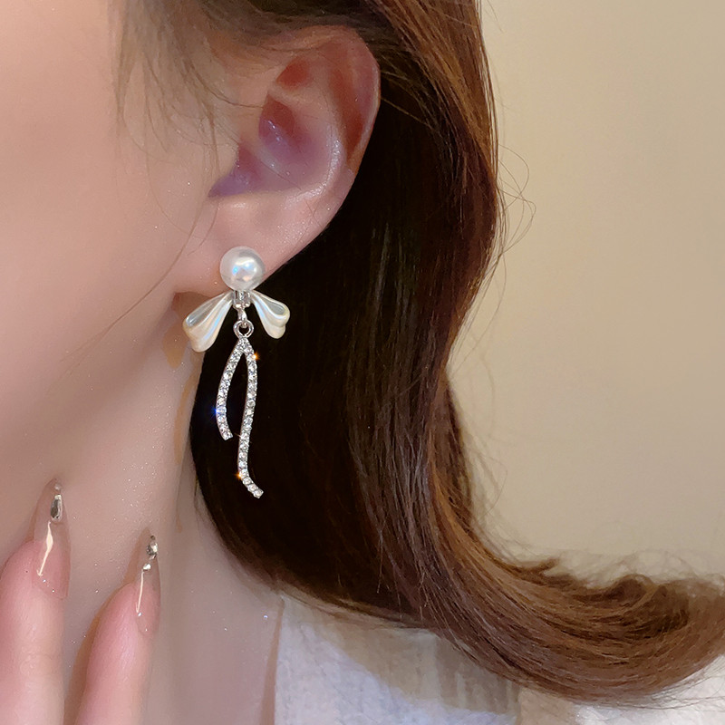 Bông tai ngọc trai nơ đính kim cương mới dành cho nữ Thời trang thanh lịch Giá cả phải chăng Trang sức sang trọng