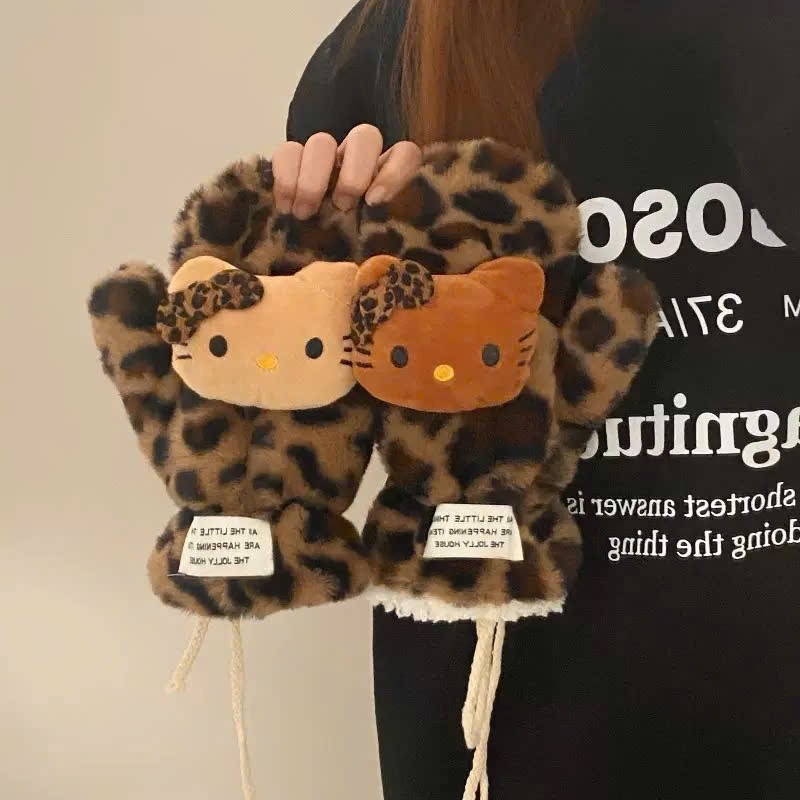 Găng Tay Hello Kitty Hoạ Tiết Da Báo Cho Mùa Đông Ấm Áp quà Tặng Giáng Sinh Phù Hợp Với Nàng Cá Tính