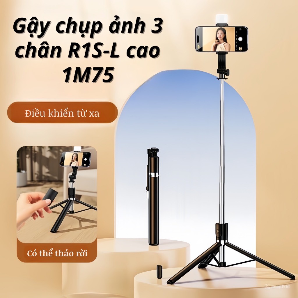 Gậy chụp ảnh 3 chân R1S - Gậy selfie chụp hình, tự sướng có điều khiển từ xa kèm đèn trợ sáng 1m75