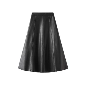 Đen giả da PU, váy chữ A cao waist sang trọng, phù hợp văn phòng