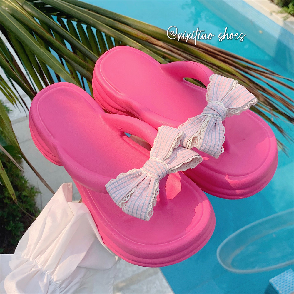 XIXITIAO Nơ Dễ Thương Flip-Flops Mặc Ngoài Trời Đi Biển Flip-Flops Dép Dép Nữ Mùa Hè