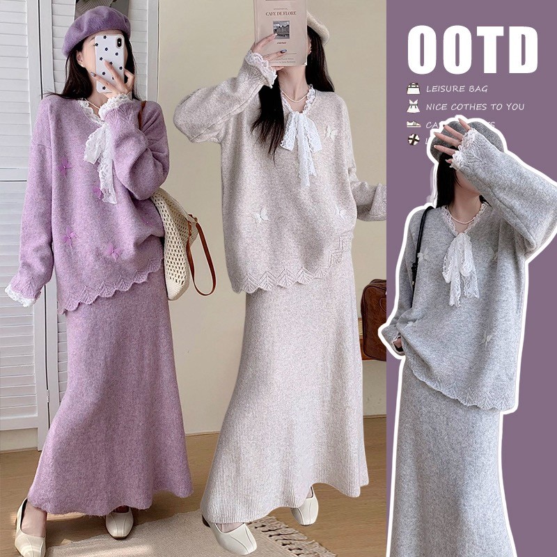 Bộ đồ bà bầu hai mảnh thiết kế thu đông, áo len và váy điều chỉnh được với bướm buộc dây