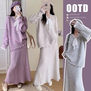 Bộ đồ bà bầu hai mảnh thiết kế thu đông, áo len và váy điều chỉnh được với bướm buộc dây
