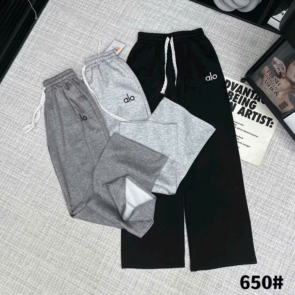 Quần suông thêu chất nỉ dày đẹp, cạp cao co giãn thoải mái -chữ alo alo