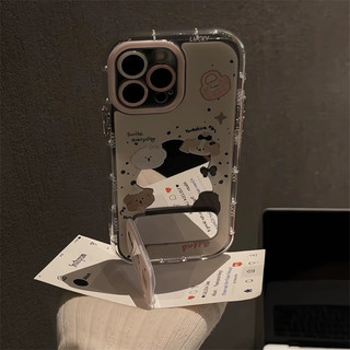 Vỏ Gương Hoạt Hình Dễ Thương Puppy + Dây Xích + Giá Đỡ Cho IPhone 16 11 15 14 13 12 Pro Max X Xr Xs Max 7 8 Plus Vỏ Điện Thoại Bảo Vệ Ống Kính Chống Sốc Mềm Vỏ Đen