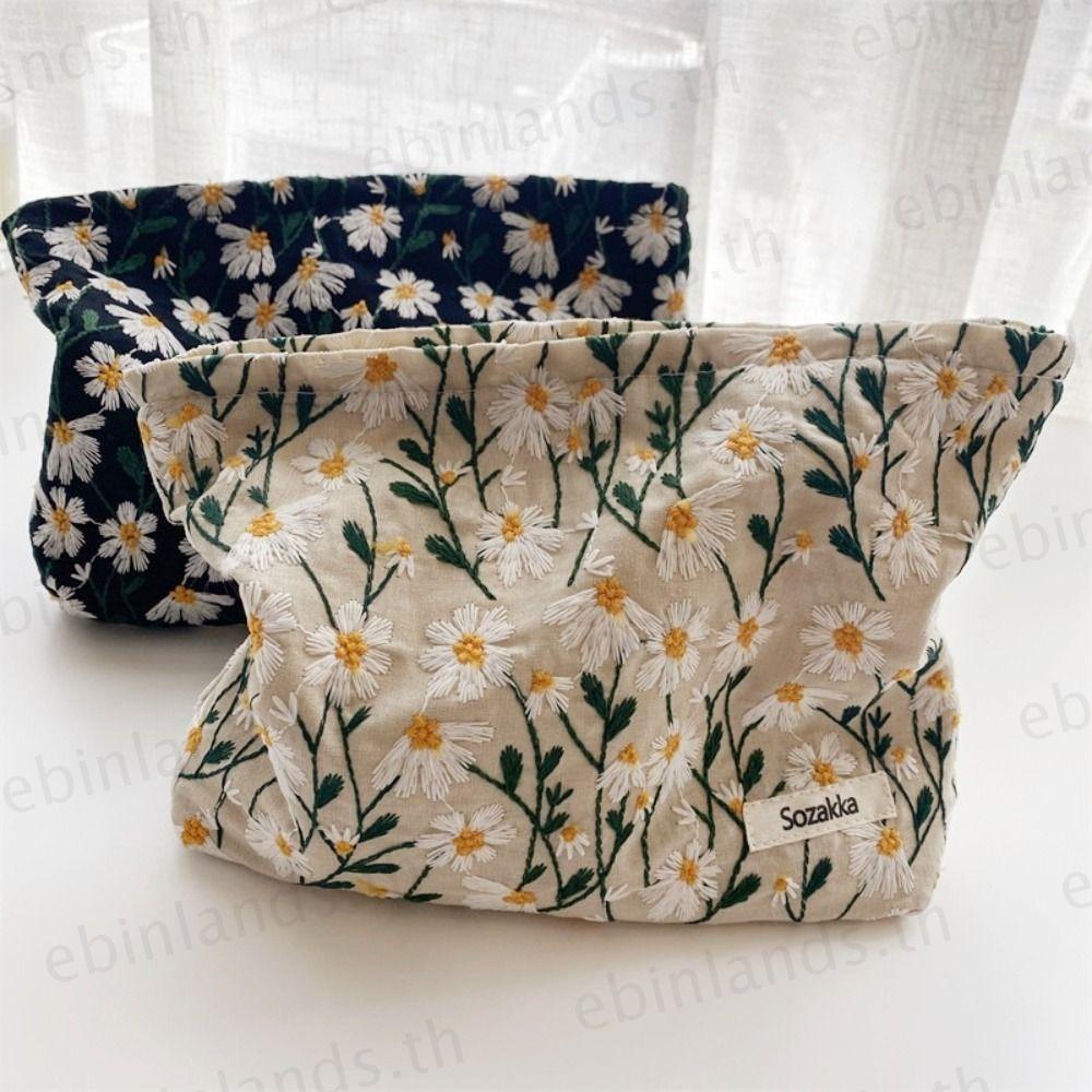 Túi đựng mỹ phẩm thêu hoa cúc EBINLANDS, có dây kéo Túi đựng mỹ phẩm hoa phong cách Hàn Quốc dành cho du lịch ngoài trời
