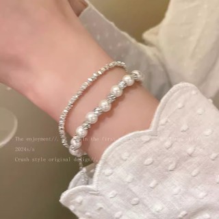 Vòng tay nhiều lớp ngọc trai và hạt bạc, thiết kế đơn giản sang trọng theo phong cách Hàn Quốc