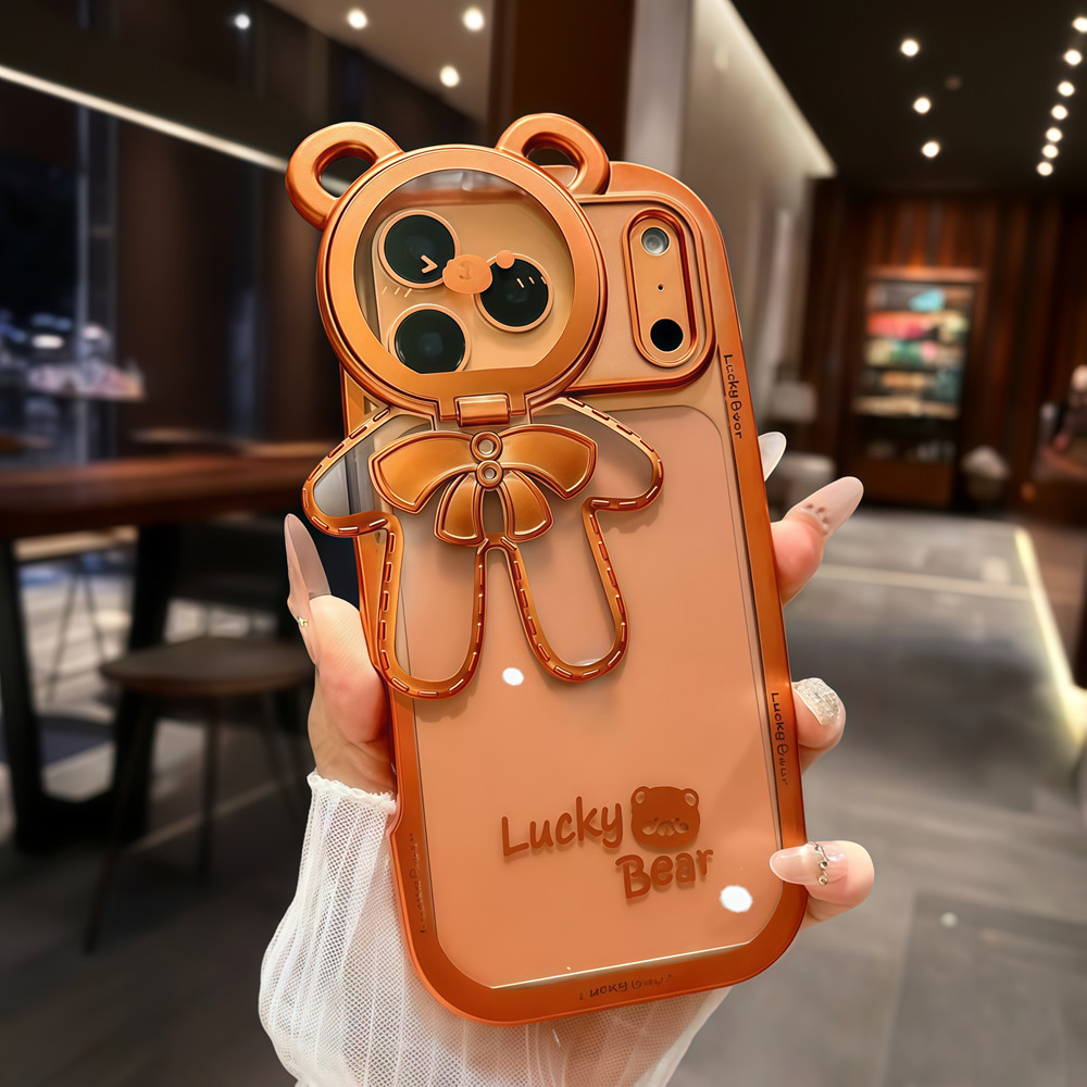 Ốp điện thoại giá đỡ ống kính gấu lấp lánh mạ điện cho iPhone 17 Pro Max 16 12 13 14 15 pro max Air 15 16 plus Phim bảo vệ gương chống rơi Vỏ mềm TPU Vỏ bảo vệ điện thoại