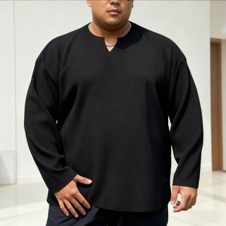 Áo thun nam công sở cổ chữ V, xếp ly sọc, tay dài, thiết kế oversized phù hợp người plus size