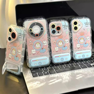 Vỏ Gương Hoạt Hình Dễ Thương + Dây Xích + Giá Đỡ Cho IPhone 16 11 15 14 13 12 Pro Max X Xr Xs Max 7 8 Plus Vỏ Điện Thoại Bảo Vệ Ống Kính Chống Sốc Mềm Vỏ Đen